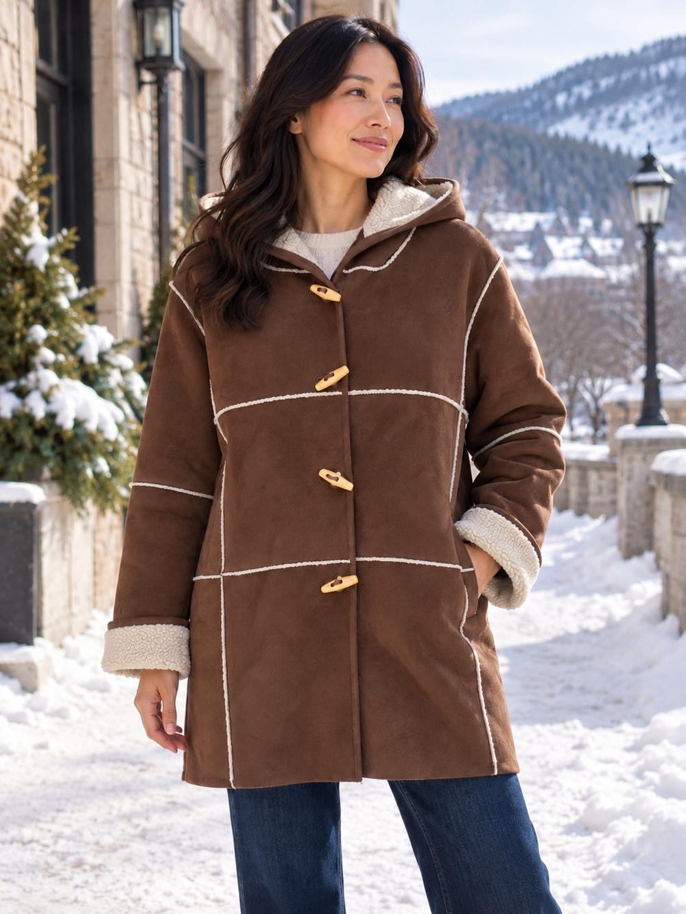 Lauren Ralph Lauren Y2K Faux Suede Sherpa Hooded Duffle Coat M